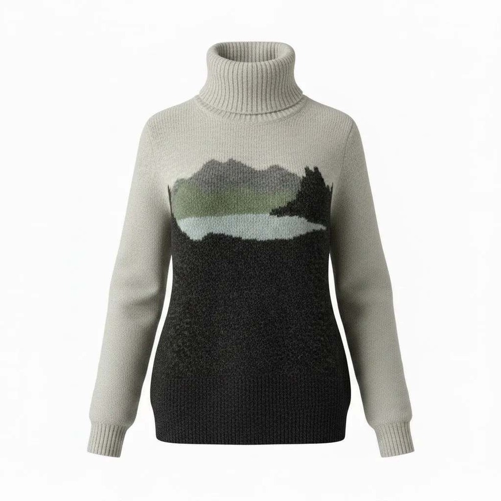 L.L.Bean Intarsia Landscape Turtleneck Sweater Women Large Gray Mohair Wool